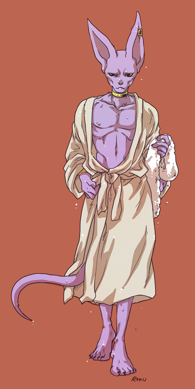 :3 animal_ears beerus cat_ears dragon_ball dragon_ball_z dragon_ball_z_kami_to_kami full_body male_focus navel nipples raku220p robe solo tail towel wet