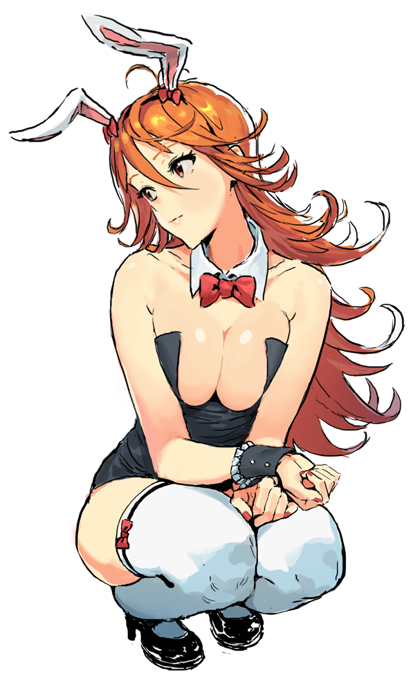 ahoge animal_ears antenna_hair bad_id bad_pixiv_id bare_shoulders bow bowtie breasts bunny_ears bunnysuit cleavage detached_collar large_breasts long_hair orange_hair red_eyes rr_(suisse200) solo squatting tokyo_7th_sisters usuta_sumire wrist_cuffs