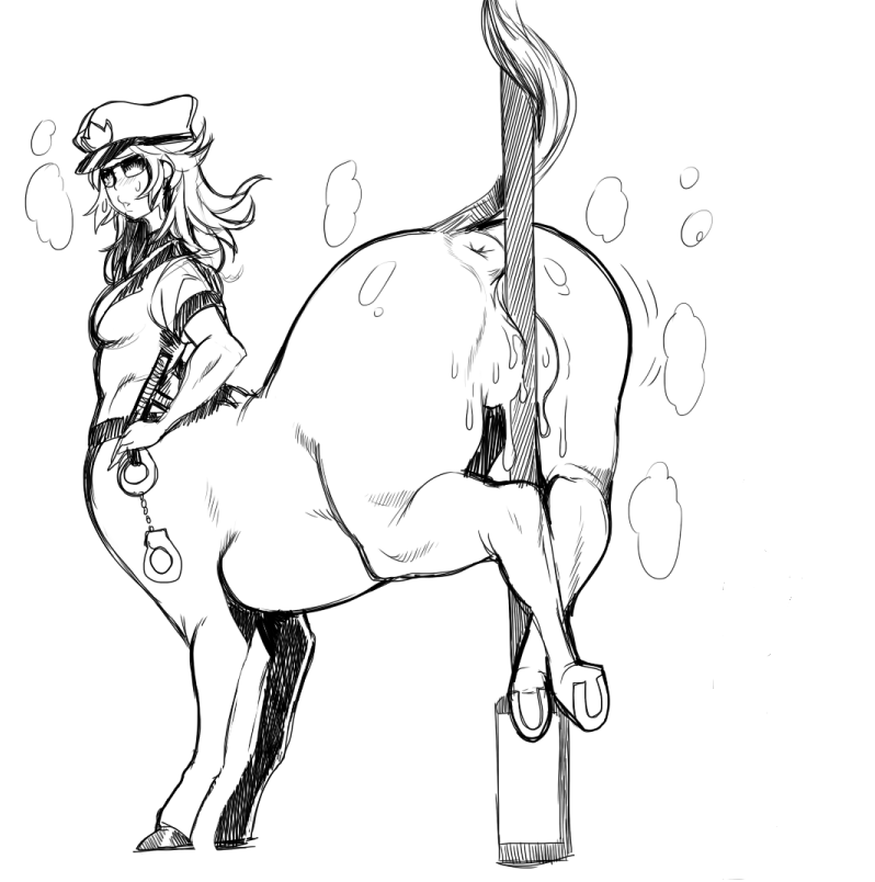 anus ass bottomless cap centaur cuffs from_behind handcuffs hat hooves masturbation monochrome monster_girl nitrotitan pussy pussy_juice sketch solo sweat tail uncensored uniform