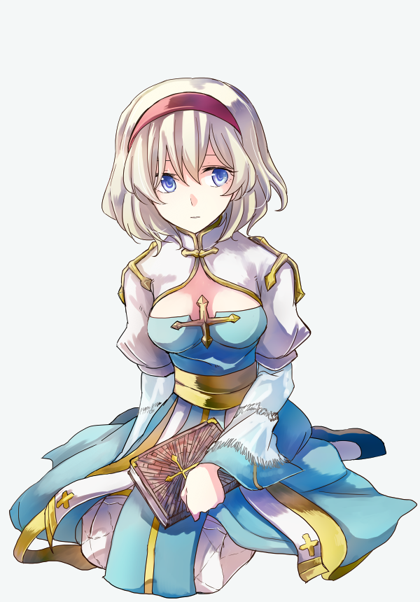 alice_margatroid alternate_costume archbishop blonde_hair blue_eyes book breasts grimoire hairband holding holding_book medium_breasts mitsunara ragnarok_online short_hair sitting solo touhou white_background