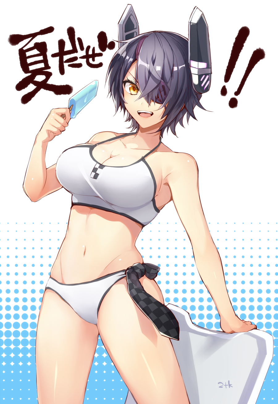 bad_id bad_pixiv_id bikini breasts eyepatch food headgear highres kantai_collection kickboard large_breasts nitaka_(fujikichi) open_mouth popsicle purple_hair short_hair smile solo swimsuit tenryuu_(kantai_collection) yellow_eyes