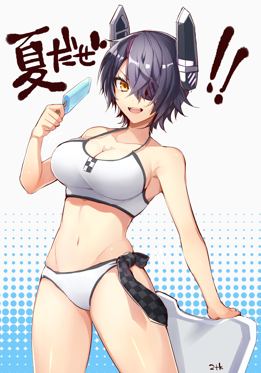 :d bare_shoulders bikini breasts cleavage cowboy_shot eyepatch food groin headgear highres kantai_collection kickboard large_breasts looking_at_viewer navel nitaka_(fujikichi) open_mouth popsicle purple_hair short_hair smile solo swimsuit tenryuu_(kantai_collection) white_bikini yellow_eyes