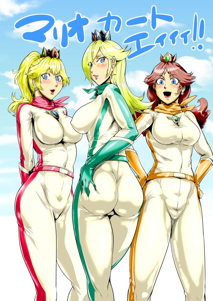 alternate_costume ass biker_clothes bikesuit blush bodysuit breasts cloud cloudy_sky commentary_request covered_nipples crown day earrings gloves jewelry large_breasts long_hair looking_at_viewer mario_(series) multiple_girls open_mouth princess_daisy princess_peach rosetta_(mario) sagattoru scarf sky smile super_mario_bros. translation_request