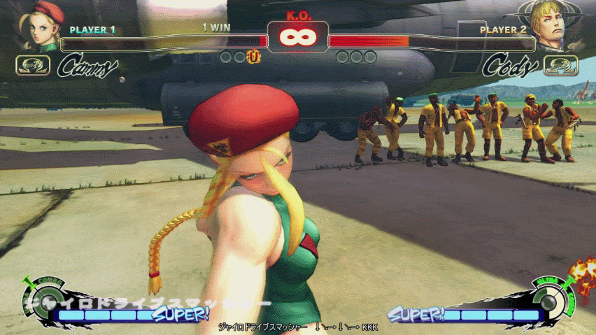 1boy 1girl animated animated_gif ass bare_shoulders beret blonde_hair boots braid cammy_white capcom cody_travers defeated female fighting fingerless_gloves gloves hat jumping legs leotard muscle street_fighter street_fighter_iv thong thong_leotard twin_braids violence
