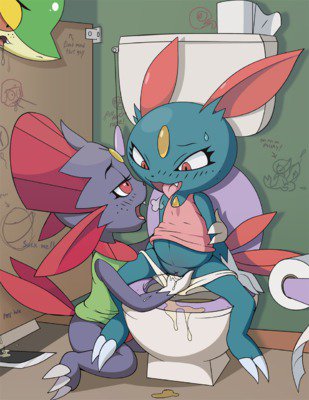 bathroom clothed clothing female half-dressed nintendo panties panties_aside panties_pull pok&eacute;mon shirt sneasel snivy toilet tricksta underwear underwear_aside underwear_pull urine video_games weavile