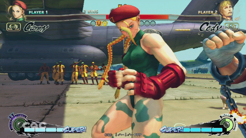 1boy 1girl animated animated_gif ass bare_shoulders beret blonde_hair boots braid cammy_white capcom cody_travers defeated female fighting fingerless_gloves gloves hat japanese jumping legs leotard muscle street_fighter street_fighter_iv thong thong_leotard twin_braids violence