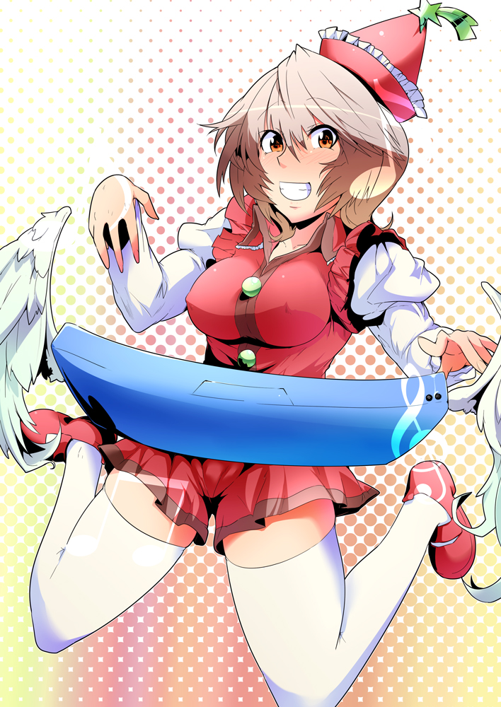 blush breasts brown_hair clenched_teeth commentary_request covered_nipples dress hat instrument keyboard_(instrument) large_breasts looking_at_viewer lyrica_prismriver musical_note orange_eyes red_dress sagattoru short_hair sixteenth_note smile solo star teeth thighhighs touhou treble_clef white_legwear wings