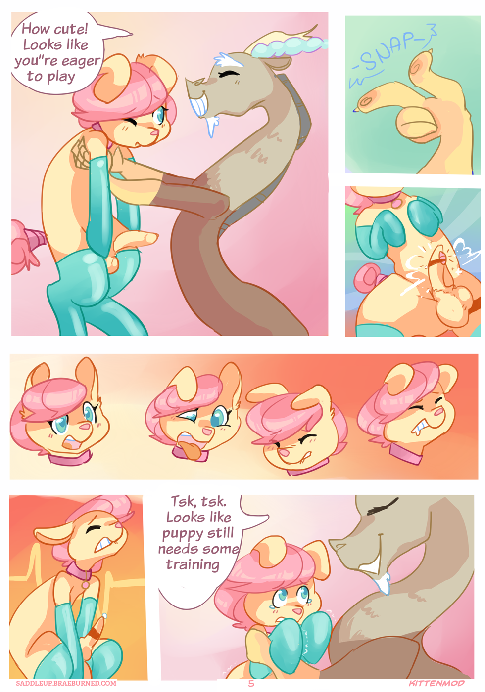 balls blue_eyes canine collar comic crossgender dialogue discord_(mlp) draconequus english_text erection feral fluttershy_(mlp) friendship_is_magic girly hair kittenmod male mammal my_little_pony penis petplay pink_hair roleplay sex_toy text tongue tongue_out transformation vibrator