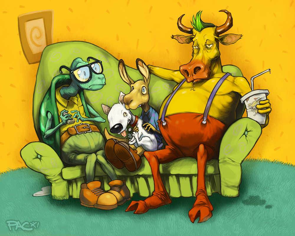 2011 anthro bovine cattle clothed clothing feral filburt group heffer_wolfe male mammal marsupial pac reptile rocko rocko's_modern_life scalie sofa spunky_(character) turtle wallaby