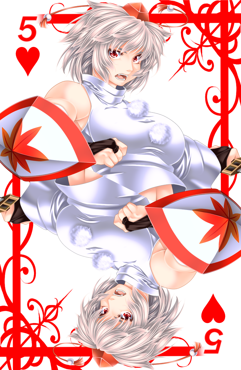 animal_ears border breasts bridal_gauntlets card card_(medium) detached_sleeves fangs hat heart high_collar highres inubashiri_momiji large_breasts leaf looking_at_viewer maple_leaf open_mouth playing_card pom_pom_(clothes) red_eyes shield short_hair solo sword symmetry tokin_hat touhou weapon white_hair wolf_ears yoiti