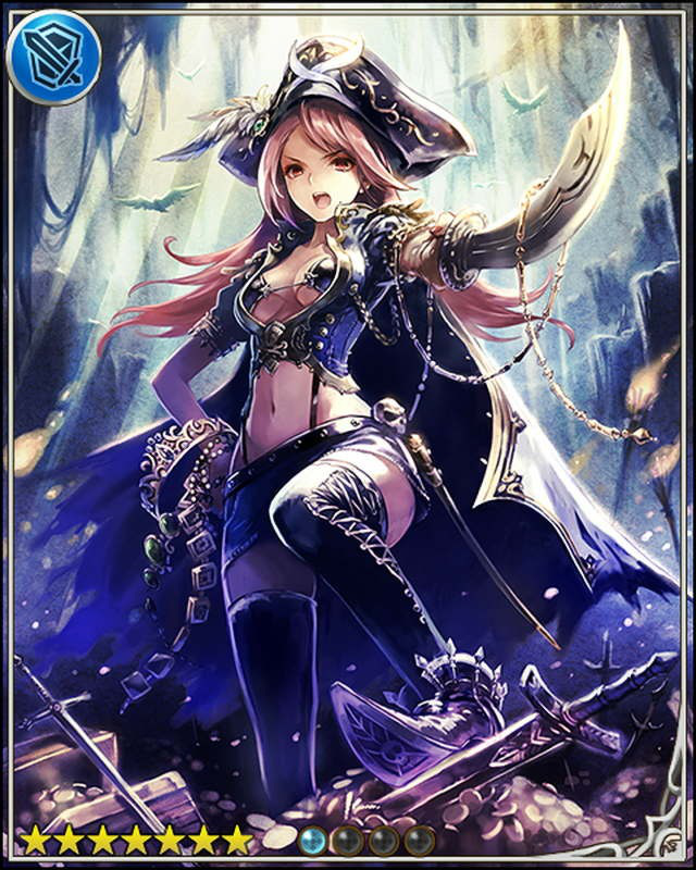 breasts card_(medium) cleavage hat holding holding_sword holding_weapon jewelry long_hair medium_breasts non-web_source pink_hair pirate_hat shingeki_no_bahamut solo sword weapon