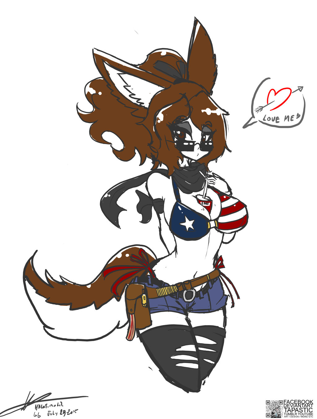 &lt;3 arrow_through_heart big_breasts breasts canine clothing cola eyewear female halotroll human mammal scarf shorts solo stars_and_stripes sunglasses thigh_high_stockings torn_clothing united_states_of_america wolf