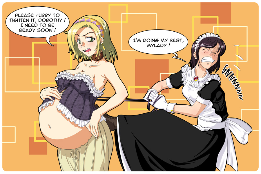 2girls aladdin_pants belly blonde_hair boots breasts cleavage corset dress english eyes_closed gammatelier maid multiple_girls navel pregnant simple_background wince