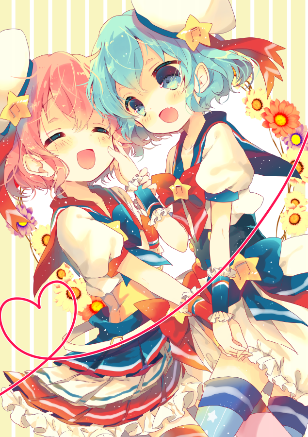 1girl :d ^_^ ^o^ arm_grab bad_id bad_pixiv_id blue_bow blue_eyes blue_hair blush bow bowtie brother_and_sister closed_eyes crossdressing dorothy_west fang floral_background flower frilled_skirt frills hand_on_another's_face hat heart heart_of_string holding_hands idol layered_skirt leona_west nekoto_rina open_mouth otoko_no_ko pink_hair pretty_(series) pripara puffy_short_sleeves puffy_sleeves red_bow sailor_collar short_hair short_sleeves siblings skirt smile star striped striped_background thighhighs twins vertical-striped_background vertical_stripes wrist_cuffs