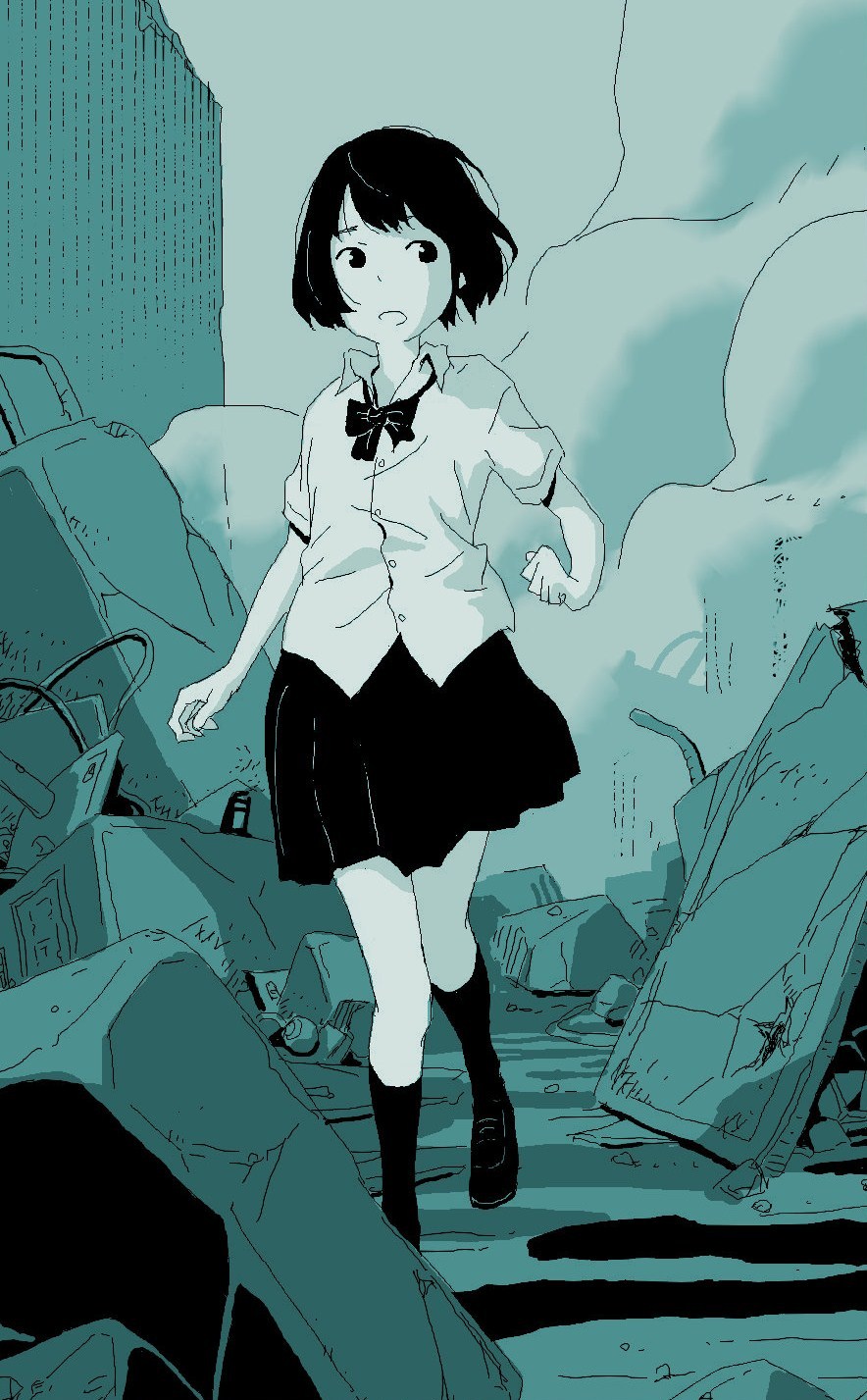 1girl black_eyes black_hair black_legwear black_ribbon black_shoes black_skirt black_socks blue blue_background collared_shirt female hosoo junk junkyard monochrome muted_color no_pupils open_mouth original ribbon running scenery shirt shoes short_hair skirt smoke solo