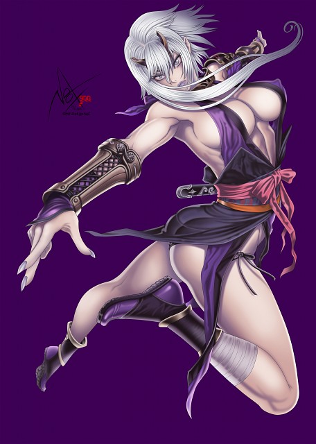 1girl absurdres angry ass bare_shoulders breasts cleavage erect_nipples feet female fighting fingernails fundoshi highres horns large_breasts legs lips long_fingernails nail_polish ninja purple_hair queen's_blade queen's_blade sandals shizuka_(queen's_blade) shizuka_(queen's_blade) short_hair simple_background socks solo thighs white_eyes