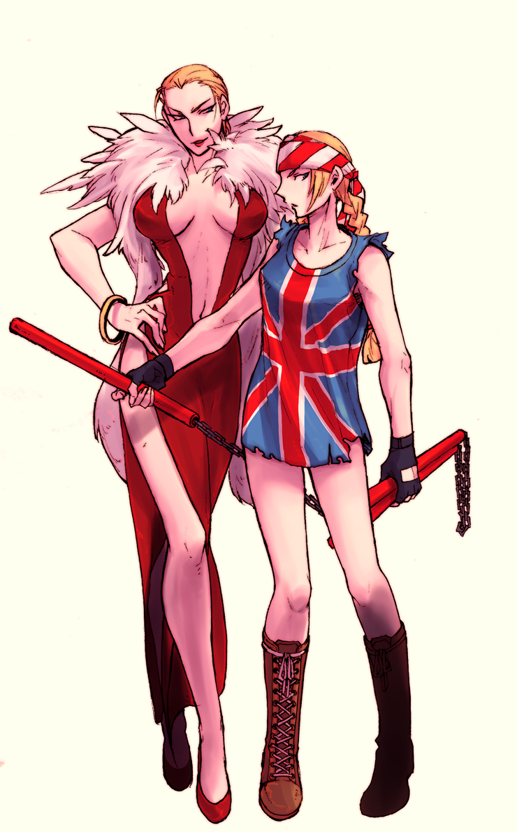 bad_id bad_pixiv_id bangle bare_legs billy_kane blonde_hair blue_eyes boots bracelet braid breasts cleavage cross-laced_footwear fatal_fury feather_boa fingerless_gloves flag_print geese_howard genderswap genderswap_(mtf) gloves hand_on_hip headband itkz_(silentknight) jewelry lace-up_boots long_hair long_legs medium_breasts midnight_bliss multiple_girls print_shirt shirt short_hair side_slit snk svc_chaos the_king_of_fighters three_section_staff torn_clothes torn_sleeves union_jack