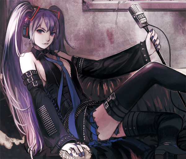 bad_id bad_pixiv_id bare_shoulders boots detached_sleeves hagane_miku hagane_vocaloid leaning_back long_hair microphone microphone_stand nail_polish necktie open_clothes open_shirt purple_eyes purple_hair purple_nails shirt sime_(echo) sitting skirt solo thigh_boots thigh_strap thighhighs twintails very_long_hair vocaloid zettai_ryouiki