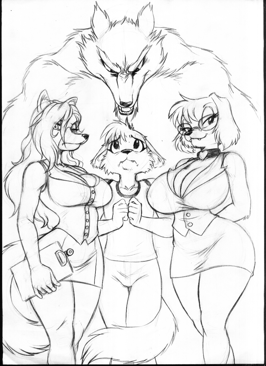 anthro big_breasts black_and_white breasts canine chochi clothed clothing doctor dog female fox lovely_pets male mammal mike_blade monochrome wolf
