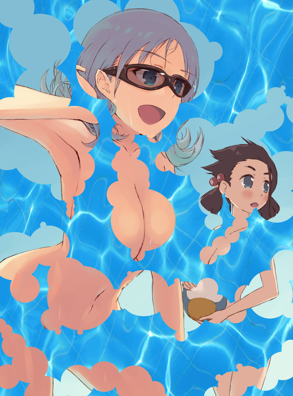 armpits atago_kinue ball beachball blue_background blue_eyes blue_hair breasts brown_hair bubble_filter cleavage collarbone glasses gradient gradient_background hair_bobbles hair_ornament low_twintails multiple_girls navel open_mouth saki sketch smile taoru twintails ueshige_suzu