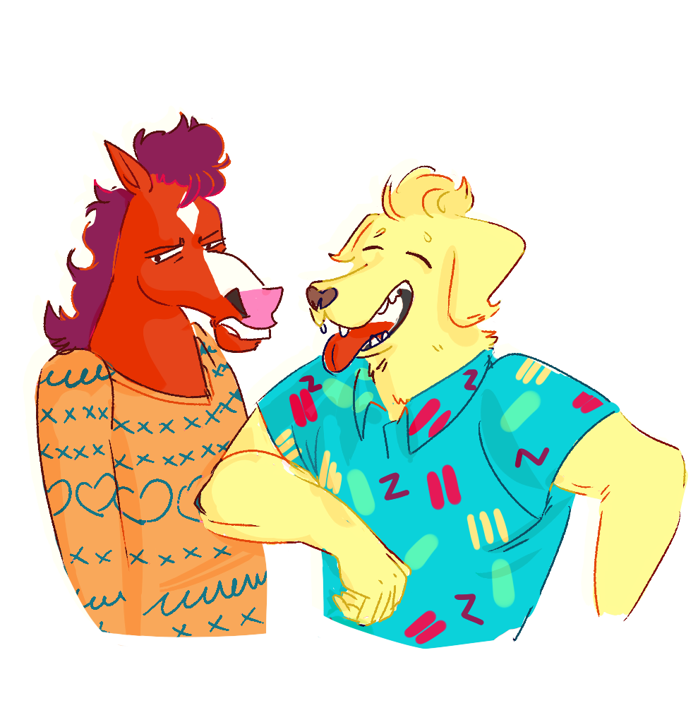 anthro bojack_horseman bojack_horseman_(character) canine clothed clothing dog duo equine horse labrador male mammal mr._peanutbutter quijotesca_(artist)