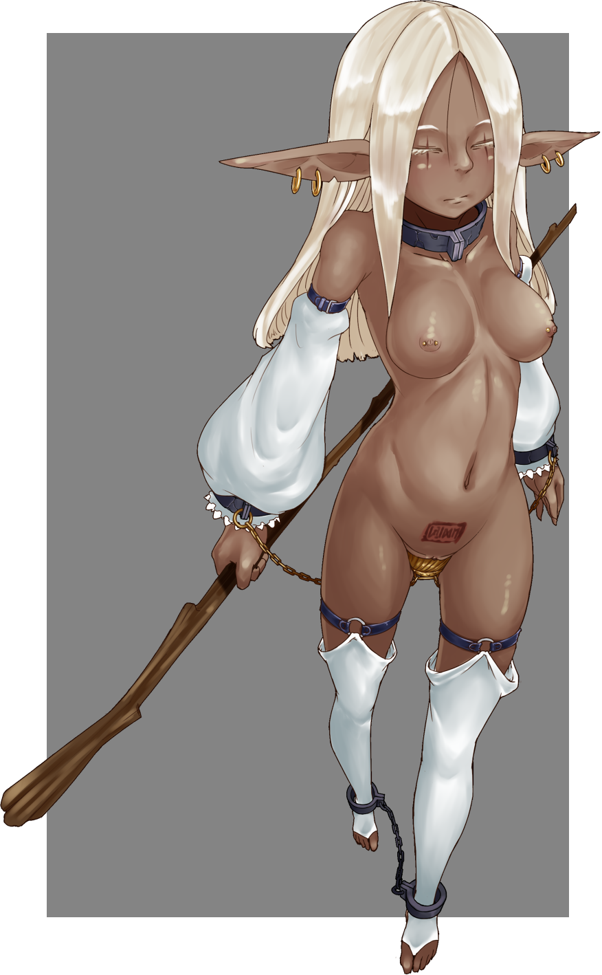 bad_id bad_pixiv_id bdsm bondage bound branded breasts chain closed_eyes collar cuffs dark_skin detached_sleeves elf highres hobble long_hair nipple_piercing nipples nude object_insertion original piercing pointy_ears pussy slave small_breasts solo staff thighhighs uncensored vaginal vaginal_object_insertion white_hair yakou_(4507770)