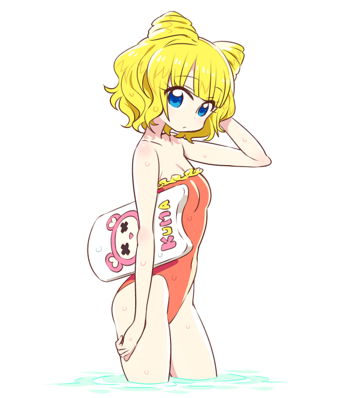 blonde_hair blue_eyes casual_one-piece_swimsuit chan_co character_print cowboy_shot double_bun frilled_swimsuit frills from_side kickboard kuma_(pripara) minami_mirei one-piece_swimsuit orange_swimsuit pretty_(series) pripara short_hair simple_background solo swimsuit wading water wet white_background