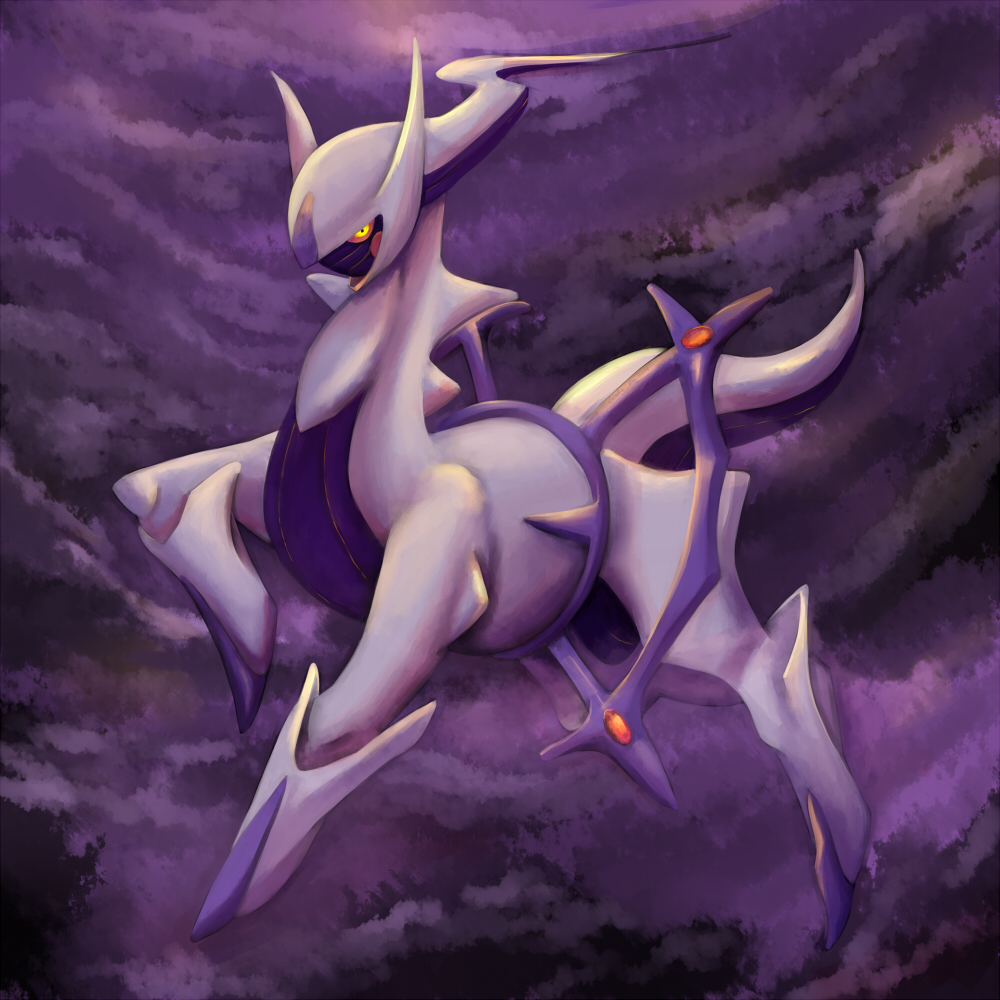 2012 arceus caindra feral legendary_pok&eacute;mon looking_at_viewer nintendo nude pok&eacute;mon pose purple_skin raised_leg red_sclera solo video_games white_skin yellow_eyes