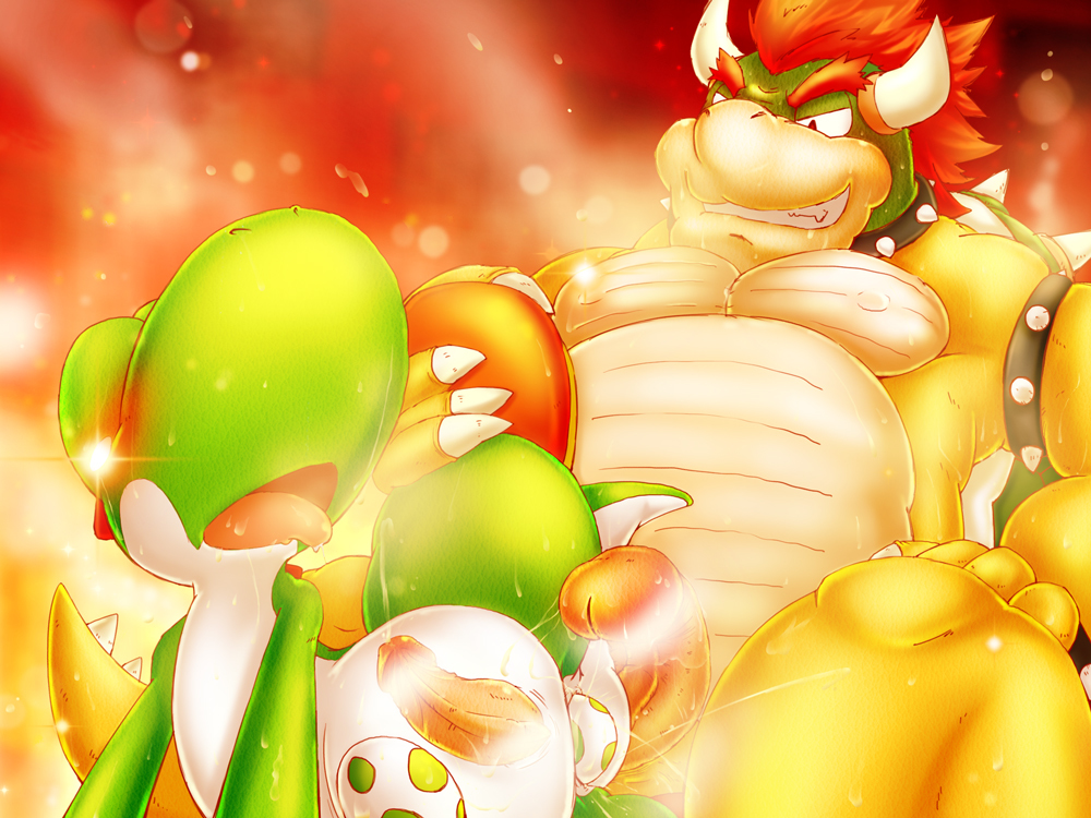 aftersex animal animals anthro blush bowser clothing collar dinosaur egg eyes_closed fire footwear gradient gradient_background horn horns male male/male mario_(series) mario_bros multiple_boys nintendo nude open_mouth orgasm penis reptile scalie sex spikes spread_legs spreading super_mario_bros. tongue turtle uncensored unknown_artist video_games yaoi yoshi