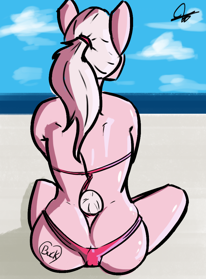 anthro beach big_butt bikini butt clothing cloud colored derpynate equine fan_character female fur hair horse mammal my_little_pony pink_fur ponytail rear_view sea seaside shaded shiny silver_hair solo swimsuit tattoo water