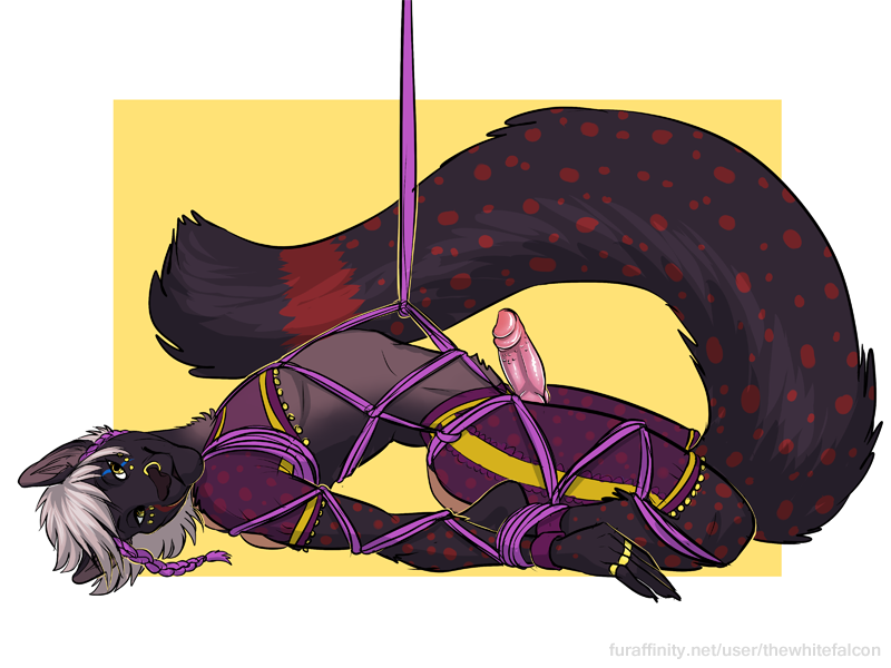 2015 animal_genitalia barbs bdsm bondage bound canine_penis ear_piercing fur hair harem knot lying male on_back penis piercing purple_fur rope solo thewhitefalcon white_hair