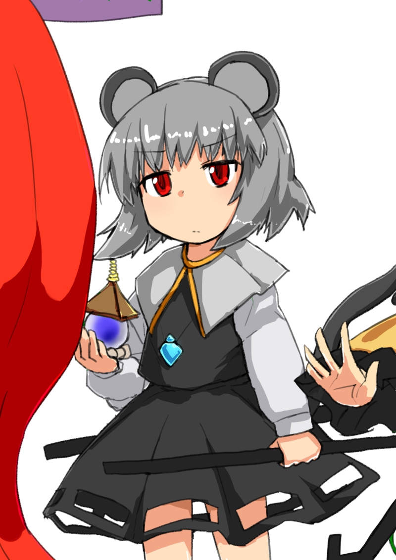 &gt;:( animal_ears bad_id bad_pixiv_id bishamonten's_pagoda blush capelet commentary cowboy_shot dai-erie dowsing_rod dress frown grey_hair jewelry komeiji_koishi light_frown long_sleeves mouse_ears mouse_tail multiple_girls nazrin necklace red_eyes short_hair solo_focus tail tatara_kogasa_(umbrella) touhou v-shaped_eyebrows