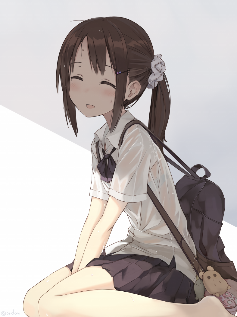 :d ^_^ aihama_chika amagai_tarou bag bag_charm barefoot black_skirt blush breasts brown_hair charm_(object) closed_eyes collared_shirt dress_shirt facing_viewer from_side hair_ornament hair_scrunchie open_mouth original pleated_skirt ponytail ribbon school_bag school_uniform scrunchie see-through shirt short_sleeves shoulder_bag sitting skirt small_breasts smile solo twitter_username v_arms wariza wet wet_clothes wet_hair wet_shirt white_shirt