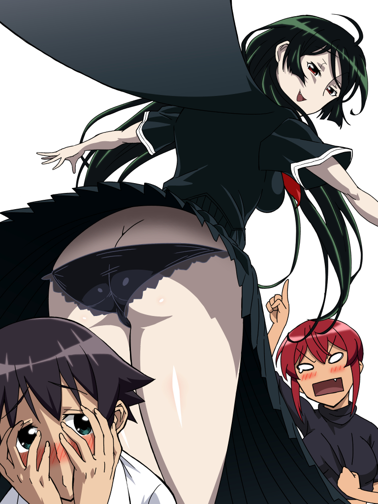 1boy 2girls angry aqua_eyes artist_request ass black_hair black_panties blush breasts butt_crack cape fang green_hair hime_cut hinoki hinoki_(hinoki-buro) hiyorimi_hiro kaibutsu_oujo kamura_reiri large_breasts long_hair long_skirt looking_back looking_down multiple_girls naughty_face open_mouth pale_skin panties red_hair riza_wildman school_uniform seductive_smile shiny shiny_skin short_hair shy simple_background skirt skirt_lift smile teardrop underwear vampire very_long_hair