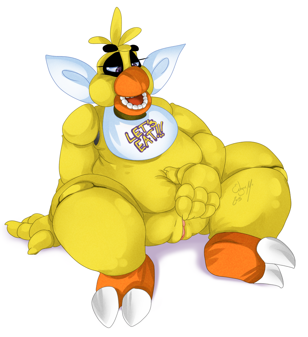 ! animatronic anthro avian barefoot beak bib bird chica_(fnaf) chicken claws english_text feathers female five_nights_at_freddy's fronnie half-closed_eyes machine nude open_mouth overweight pussy robot sitting solo spread_legs spreading teeth text thick_thighs toe_claws video_games
