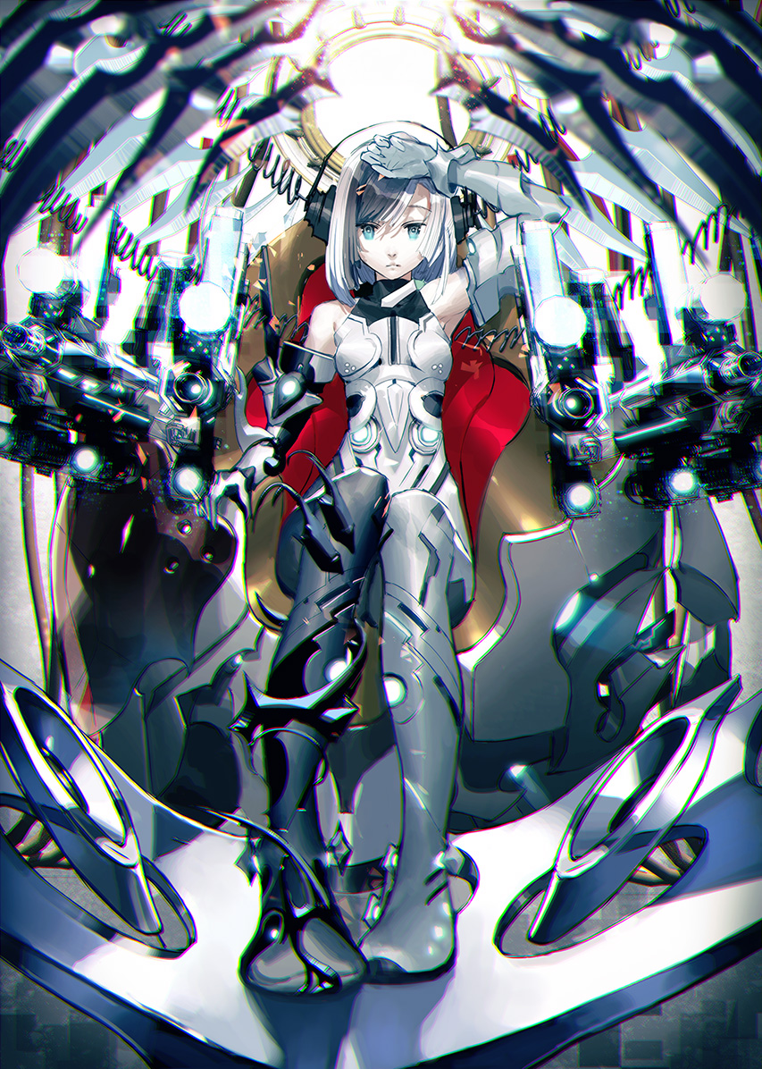 bad_id bad_pixiv_id banned_artist blue_eyes gun headphones mecha original short_hair silver_hair sumiobunnya weapon wheelchair