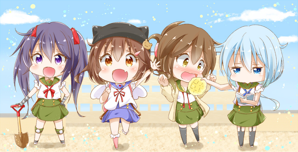 :d akatsuki_(kantai_collection) alternate_costume alternate_hairstyle alternate_headwear black_legwear blue_eyes blue_skirt blush bread breast_padding brown_eyes brown_hair commentary_request cosplay ebisuzawa_kurumi ebisuzawa_kurumi_(cosplay) fang folded_ponytail food gakkou_gurashi! garter_straps green_skirt hair_ornament hairclip hibiki_(kantai_collection) hyakka_onibi ikazuchi_(kantai_collection) inazuma_(kantai_collection) kantai_collection long_hair long_sleeves melon_bread multiple_girls naoki_miki naoki_miki_(cosplay) nose_blush open_mouth ponytail purple_eyes purple_hair school_uniform short_hair shovel silver_hair skirt smile takeya_yuki takeya_yuki_(cosplay) twintails wakasa_yuuri wakasa_yuuri_(cosplay) wavy_mouth