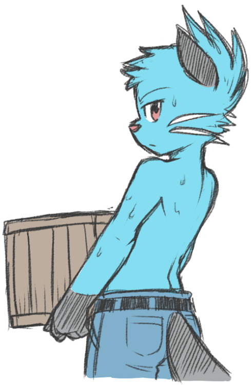 anthro back black_fur blue_fur butt clothed clothing cute dewott fluffy fur hair half-dressed jeans lifting looking_at_viewer looking_back micah_(naoren) muscles naoren nintendo pants pink_nose pok&eacute;mon red_eyes solo sweat topless video_games whiskers