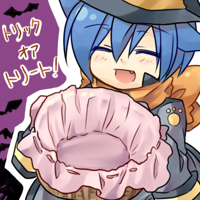 animal_ears basket blue_hair blush fang halloween kaito lowres paw_print scarf shinyae smile solo trick_or_treat vocaloid