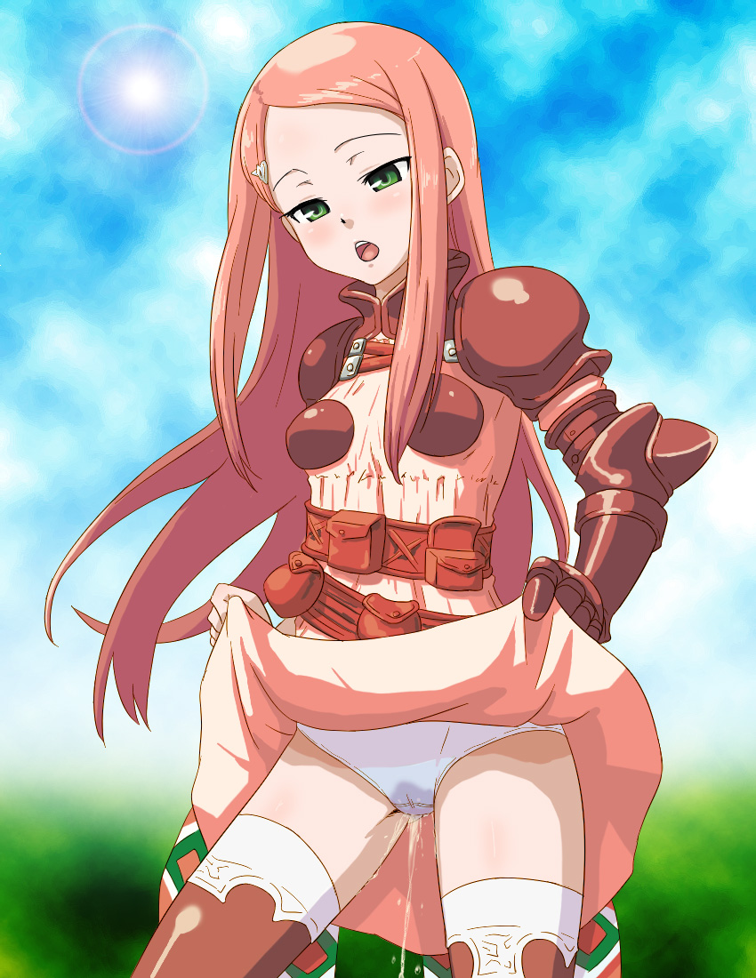 armor final_fantasy final_fantasy_tactics_advance gauntlets green_eyes hair_ornament hairclip hou_(hachiyou) lens_flare open_mouth panties pee peeing peeing_self pink_hair ritz_malheur skirt skirt_lift solo thighhighs underwear wet wet_clothes wet_panties white_panties