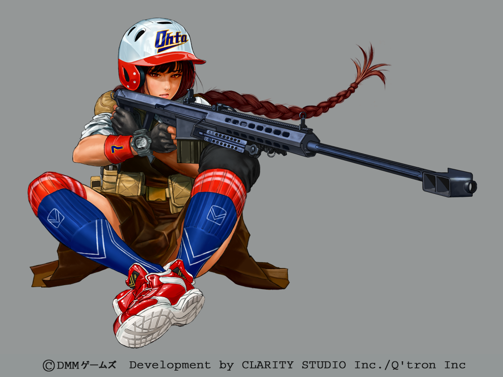 aiming anti-materiel_rifle barrett_m82 baseball_helmet braid brown_eyes brown_hair clothes_around_waist copyright_name fingerless_gloves gloves grey_background gun helmet high_tops jacket_around_waist knee_pads long_hair ponytail pouch rare_engine rifle shoes shooting_girl shoulder_pads single_braid sitting sleeves_rolled_up sneakers sniper_rifle solo thighhighs watch weapon wristwatch