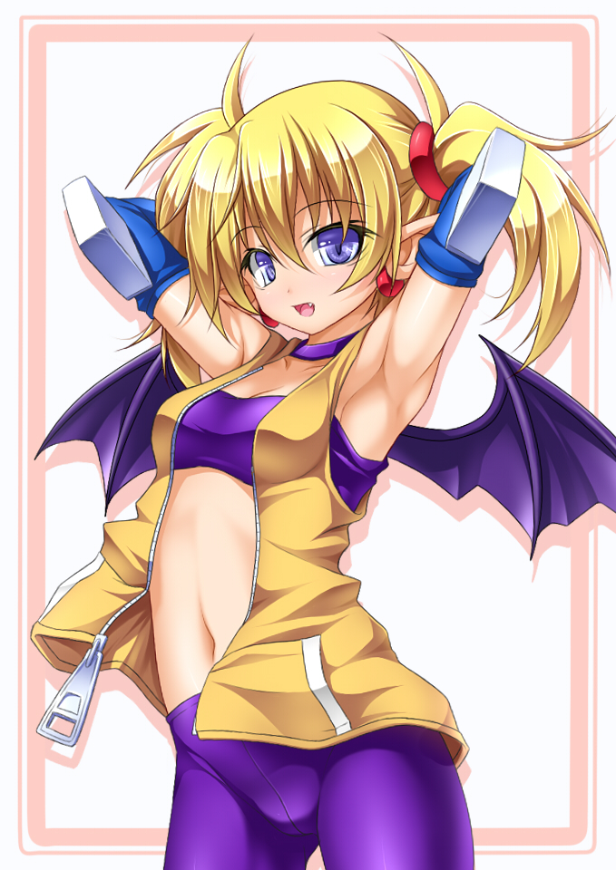 arcana_heart armpits arms_behind_head arms_up bat_wings bike_shorts blonde_hair blue_eyes fang lilica_felchenerow midriff navel pointy_ears roura short_twintails solo strapless tubetop twintails wings