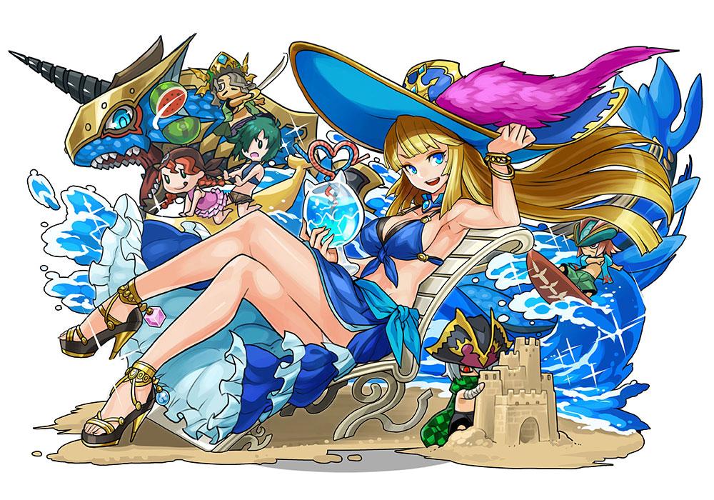 3girls :d anne_&amp;_mary_(p&amp;d) awilda_(p&amp;d) bartholomew_(p&amp;d) beach bikini blackbeard_(p&amp;d) blonde_hair blue_bikini blue_eyes breasts captain_kidd_(p&amp;d) chibi cleavage dragon hat high_heels hino_shinnosuke large_breasts long_hair multiple_boys multiple_girls official_art open_mouth pirate_hat puzzle_&amp;_dragons sand_castle sand_sculpture simple_background sitting smile solo_focus star surfboard swimsuit tamadra water waves white_background