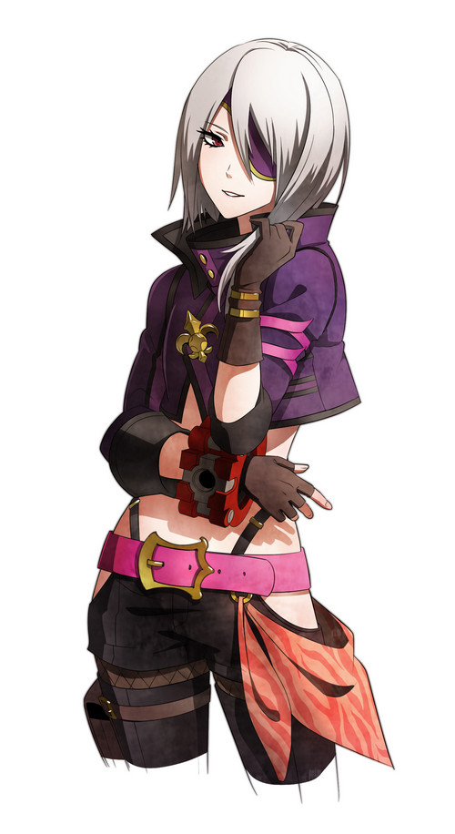 belt belt_buckle blush eyepatch flat_chest gina_dickinson gloves god_eater god_eater_2:_rage_burst god_eater_burst lips lipstick makeup open_mouth red_eyes red_hair short_hair short_jacket shorts silver_hair simple_background solo solo_focus teeth white_background