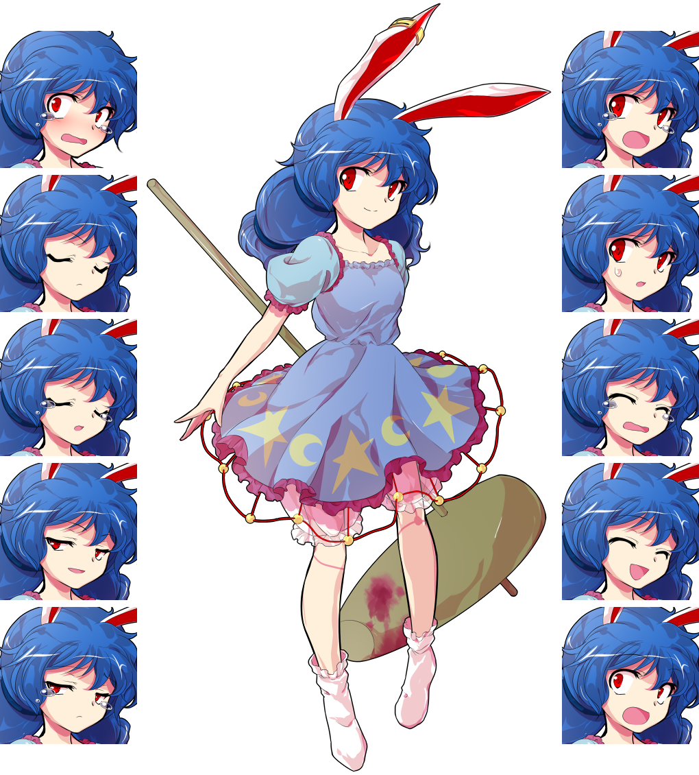 :d ^_^ alphes_(style) ambiguous_red_liquid animal_ears blue_hair blush bunny_ears closed_eyes crescent crying crying_with_eyes_open dairi dress ear_clip expressions full_body kine long_hair looking_at_viewer mallet multi-tied_hair multiple_views open_mouth parody red_eyes seiran_(touhou) smile smug socks stain star style_parody surprised tachi-e tears touhou transparent_background twintails weapon