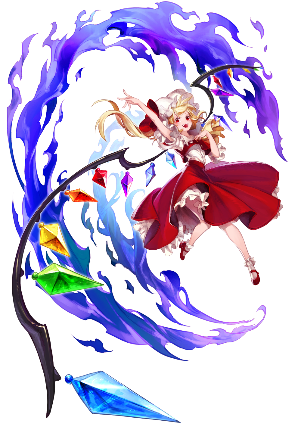 blonde_hair blue_fire bobby_socks crystal fire flandre_scarlet full_body hat highres long_hair mary_janes mob_cap open_mouth outstretched_arm pose red_footwear red_skirt shoes side_ponytail skirt skirt_set socks solo tears touhou transparent_background white_hat white_legwear wings yuri_(anachronic)