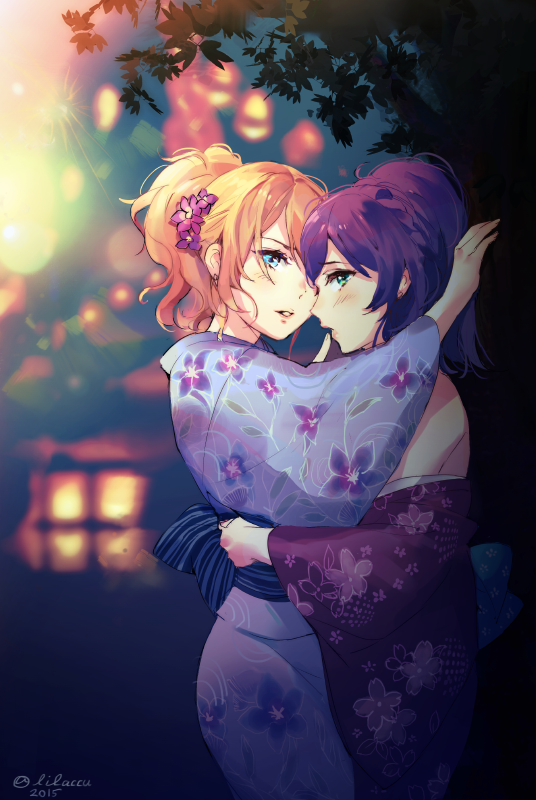 2girls against_tree ayase_eli blonde_hair blue_eyes blurry blush depth_of_field earrings finger_to_another's_mouth fireworks floral_print flower from_side green_eyes hair_flower hair_ornament hug japanese_clothes jewelry kimono lantern looking_at_viewer love_live! love_live!_school_idol_project multiple_girls night obi off_shoulder parted_lips print_kimono purple_hair sash short_ponytail tida_kietsungden toujou_nozomi tree twitter_username window yuri