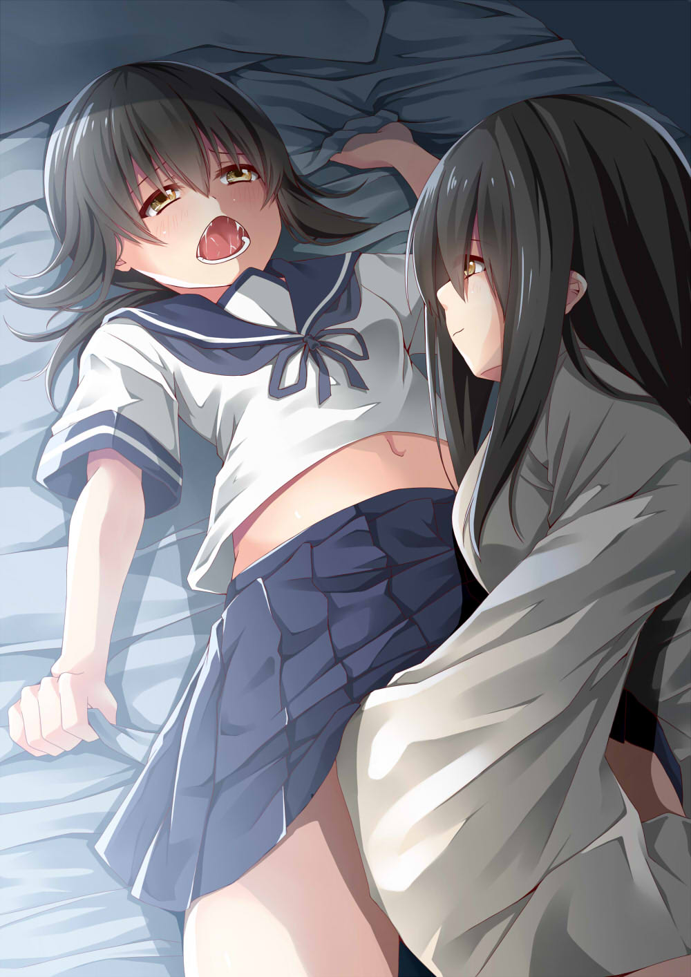 akagi_(kantai_collection) bed_sheet blush brown_eyes brown_hair creek_(moon-sky) fubuki_(kantai_collection) hand_under_clothes hand_under_skirt highres kantai_collection long_hair low_ponytail multiple_girls robe school_uniform serafuku sheet_grab yuri