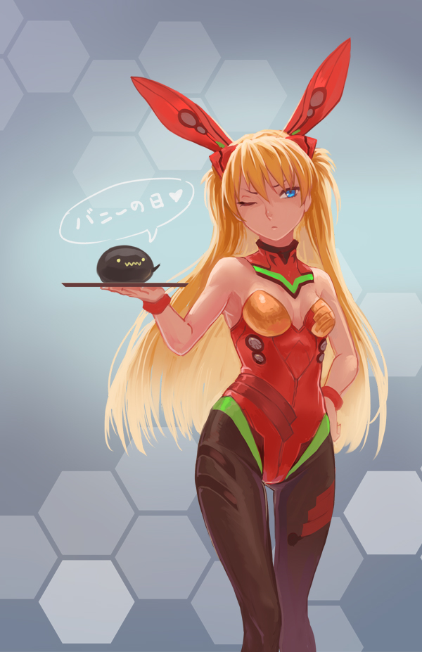 :3 adapted_costume alternate_costume animal_ears annoyed armpits bangs bare_shoulders blue_eyes breasts bunny_ears bunnysuit cleavage detached_collar duct_tape grey_background hair_ornament hand_on_hip hexagon hips holding honeycomb_(pattern) honeycomb_background kemonomimi_mode long_hair looking_at_viewer neon_genesis_evangelion o_o one_eye_closed orange_hair pantyhose plugsuit rebuild_of_evangelion scotishfold small_breasts solo souryuu_asuka_langley speech_bubble standing thigh_gap translated tray two_side_up unitard wrist_cuffs