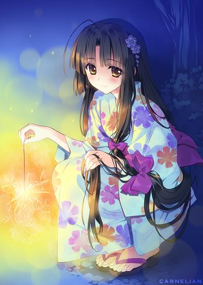 ahoge bad_id bad_twitter_id black_hair brown_eyes carnelian fireworks japanese_clothes kantai_collection kimono long_hair low-tied_long_hair shouhou_(kantai_collection) smile solo squatting very_long_hair